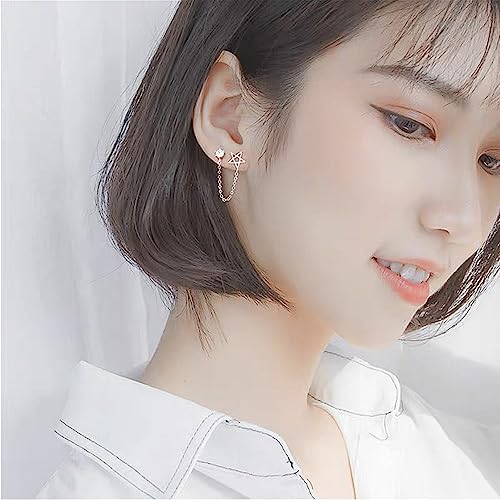 Round CZ Star Double Piercing Earrings 925 Sterling Silver Tassel Chain Dangle Drop Crystal Stud Earring for Women Girls Fashion Unique 2 Ear Holes Hypoallergenic Birthday Christmas BFF Jewelry Gifts3