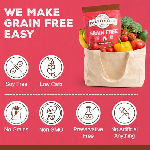 Image of Paleonola Strawberry Grain Free Granola, 10 Oz Resealable Bag (Pack of 1) - Grainless Paleo Granola Blended w /Organic Maple Syrup, Almonds, Dried Strawberries, & Pecans - Gluten & Dairy Free, Non-GMO
