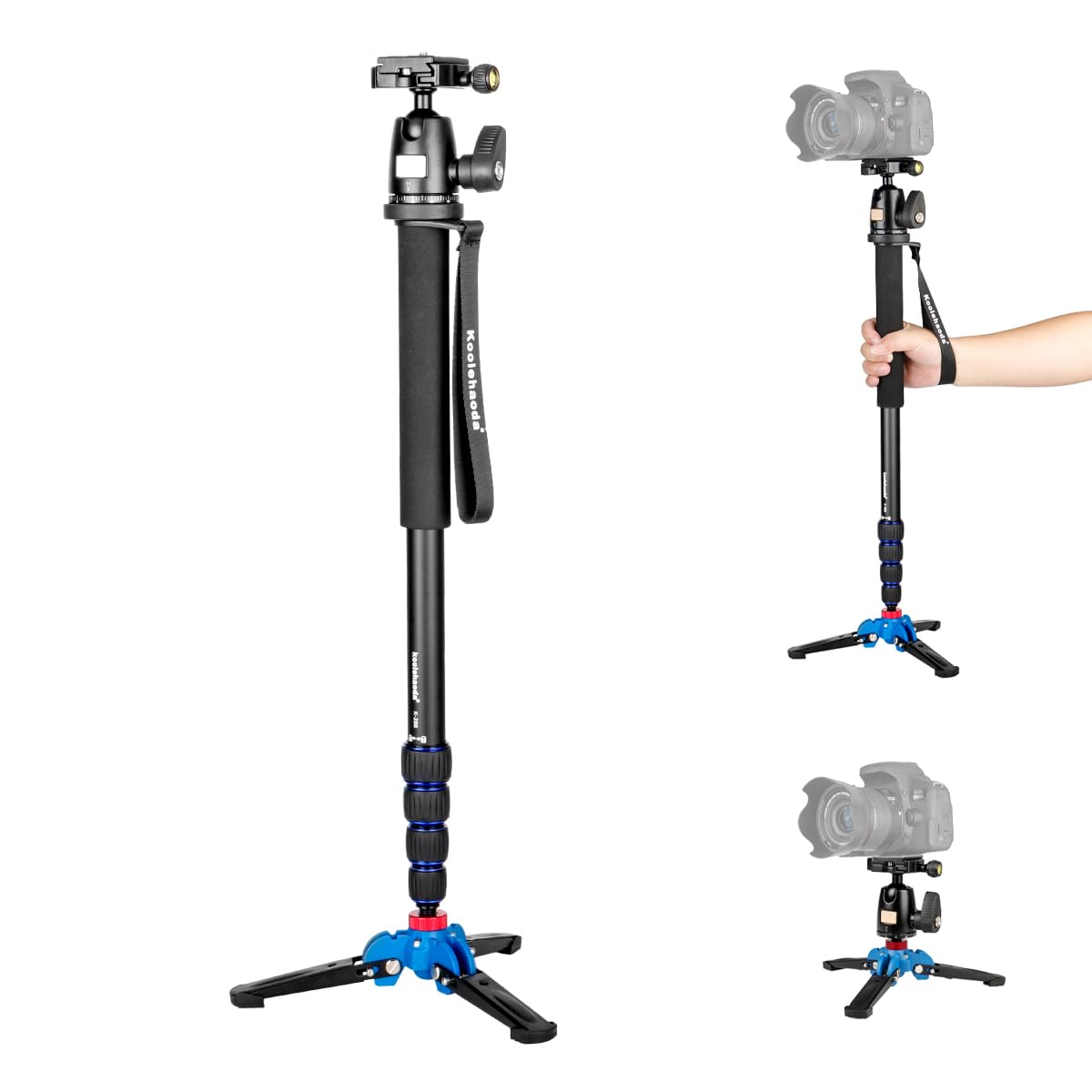 Koolehaoda camera alluminio monopiede con tre piedi base supporto & k-09 Ballhead per fotocamere DSLR Canon Nikon. esteso max altezza: 175,3 cm.