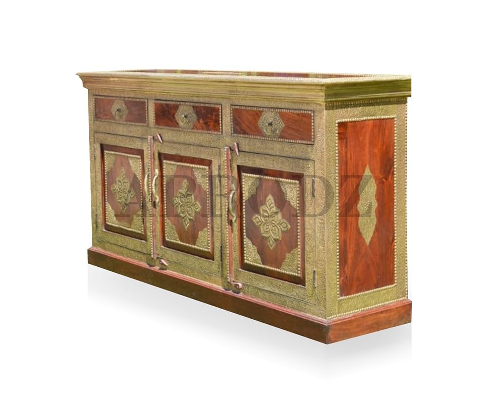 Image of APRODZ Hand-Painted Solid Wood Sideboard Cabinet with 3 Doors & 3 Drawers | Antique Brass Wooden Storage Cabinet for Bedroom Living Room & Kitchen | Crockery Cabinet, Kitchen Storage, 54x16x32