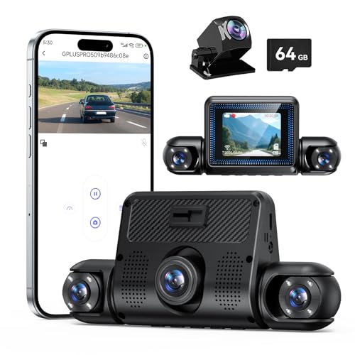 Dash Cam Front and Rear Inside, 3 Channel 1080P Dash Camera for Cars with 64GB SD Card, Dashcam with Night Vision, HDR, Loop Recording, G-Sensor & 24 Hour Parking Mode
