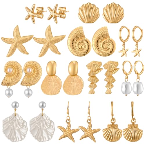 Tondiamo 12 Pairs Seashell Conch Starfish Stud Earring Ocean Themed Drop Dangle Earring for Women Nautical Beach Jewelry Gift