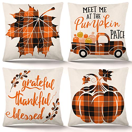 ZJHAI Fall Pillow Covers 18x18 Inch Set of 4 Autumn Farmhouse Buffalo Plaid Pillow Covers Holiday Rustic Linen Pillow Case for Sofa Couch Farmhouse Thanksgiving Fall Decorations Throw Pillow Covers