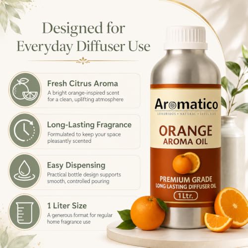 Image of AROMATICO Orange Diffuser Oil with Strong, Long-Lasting Aroma. Premium Aroma Oil for Homes, Offices & Showrooms. Aromatherapy, Diffusers, Air Purifiers, Vaporizers - 1 L (1000 ml)