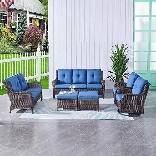 HUMMUH 6 Piece Patio Furniture Set PE Wicker Rattan 3-Seat Outdoor Sectional Sofa with Love Seats,Patio Swivel Chairs,Ottomans Conversation Sets for Garden, Poolside, Backyard