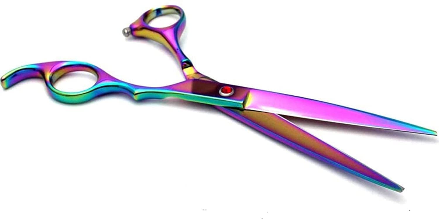 Tijeras Peluqueria Canina, Traje de tijeras curvas de acero inoxidable de 7 pulgadas de arco iris con unas tijeras de adelgazamiento curvado y conjunto de peine de acero