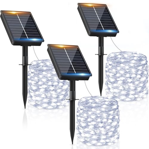 Confezione da 3 Luci Solari da Giardino a LED Solari da 12+2m/120LED: La luci solari esterno ha una lunghezza totale di 14m (luci solari da esterno da 12m + cavo da 2m), dotata di 120 LED ultraluminosi, che emettono luce calda e creano un'atmosfera atmosfera romantica e calda atmosfera.