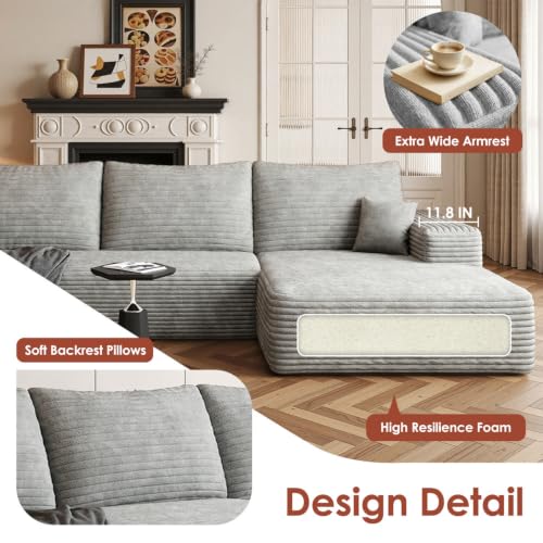 Image of Boneless Couch, Modular Sectional Couches for Living Room, U-Shaped Cloud Couch Sofa with Deep Seat, Fluffy Corduroy Upholstered Corner Sofa