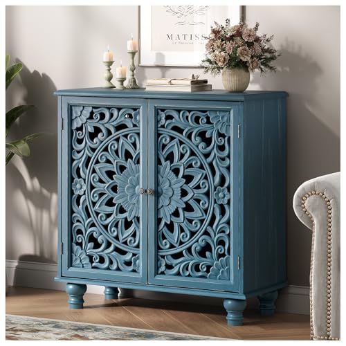 Image of Accent Cabinet with Doors, Decorative Storage Cabinet with Adjustable Shelf, Carved Sideboard Buffet with Solid Wood Legs for Living Room, Entryway, Kitchen, Hallway, Blue