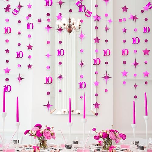 Image of Hot Pink 10th Birthday Decorations Number 10 Circle Dot Twinkle Star Garland Metallic Hanging Streamer Banner Backdrop for Girls Double Digits Ten Year Old Birthday 10th Anniversary Party Supplies