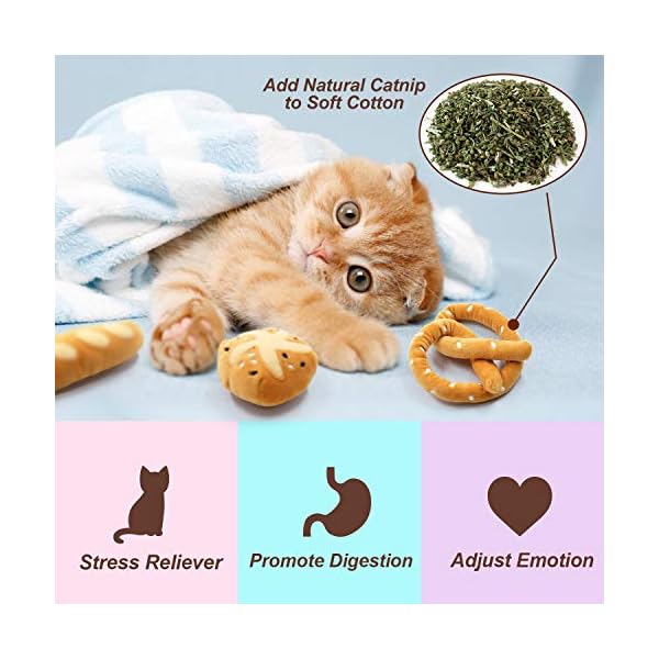 Bread catnip toys kitten interactive toys for cat lover gifts kitty chew bite kick toys supplies baguette croissant pretzel toast bun cinnamon roll plush catmint pet christmas presents set of 6 - image 3
