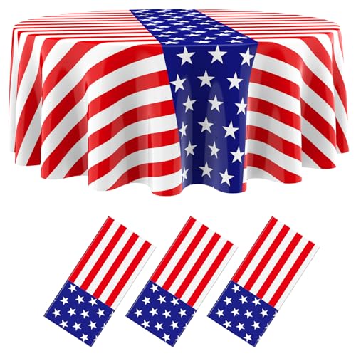 Image of Oudain 4th of July Decoration Tablecloths 84 Inch Plastic 250th Anniversary Patriotic Tablecloth American Flag Red White Blue Disposable Tablecover for Memorial Day Party Supplies(3 Pcs,Stripe)