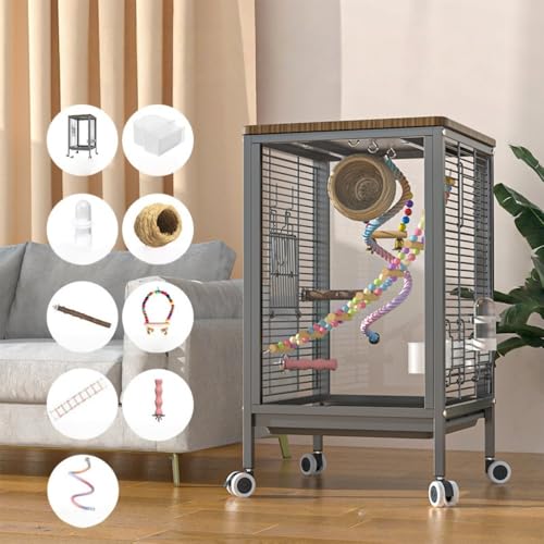 Kirnuo鳥かご 鳥かご 大型 鳥ケージ キャスター付き 鳥かご移動便利 ダブルロック設計 清掃が簡単 餌入れ付き ル鳥かご 複数飼い大型インコ ケージ セキセイインコゴザクラインコオカメイ ヒヨドリ、クロウタドリ、 (両面強化ガラスモデル:グレー,パッ
