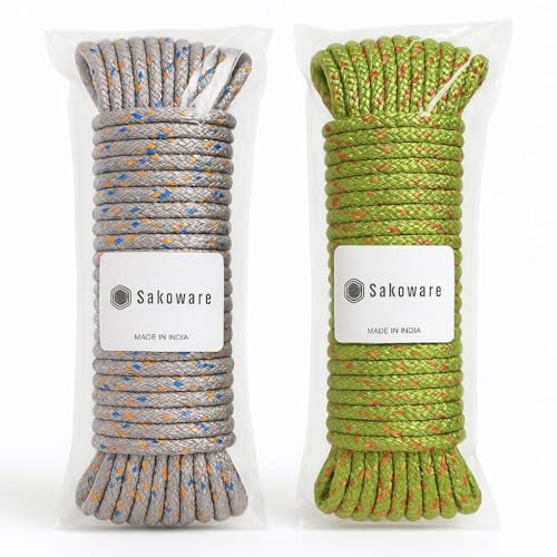 Image of Sakoraware Cloth Line for Drying Clothes | Nylon Braided Cotton Rope 20 Mtr Pack of 2 Durable Strong and Flexible for Outdoor Indoor Use Perfect for Hanging Laundry and Wet Clothes