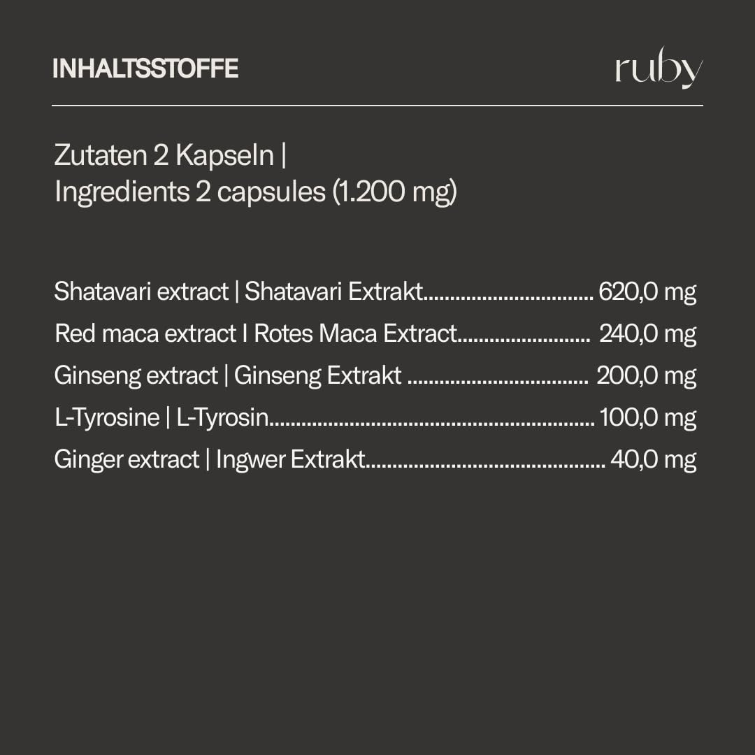 ruby für sie - Maca-Komplex - mit hochdosiertem Shatavari, Rotes Maca, Ginseng, Ingwer & L-Tyrosin - Pflanzenextrakt - 60 Stück – Vegan