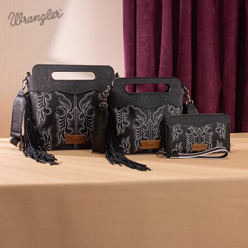 Image of Wrangler Western Handbag for Women Crossbody Bag Top Handle Shoulder Bag Embossed Cowgirl Fringe Purse