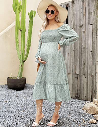 Coolmee Women's Maternity Long Sleeve Square Neck Fall Ruffle Dress Smocked Casual Flowy Maxi Dress Baby Shower Photoshoot Long Sleeve Light Green Floral L #TOP2