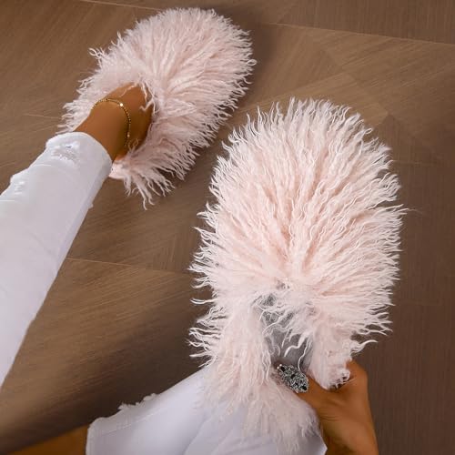 Image of Unisex Fuzzy Faux Fur Slippers, Women's Fluffy Long Hair Sheep Faux Fur Slip on Slides, Girls Luxury Big Fluffy Outdoor Flat Slippers, Long Curly Hair Non-Slip Warm Home Slide Shoes