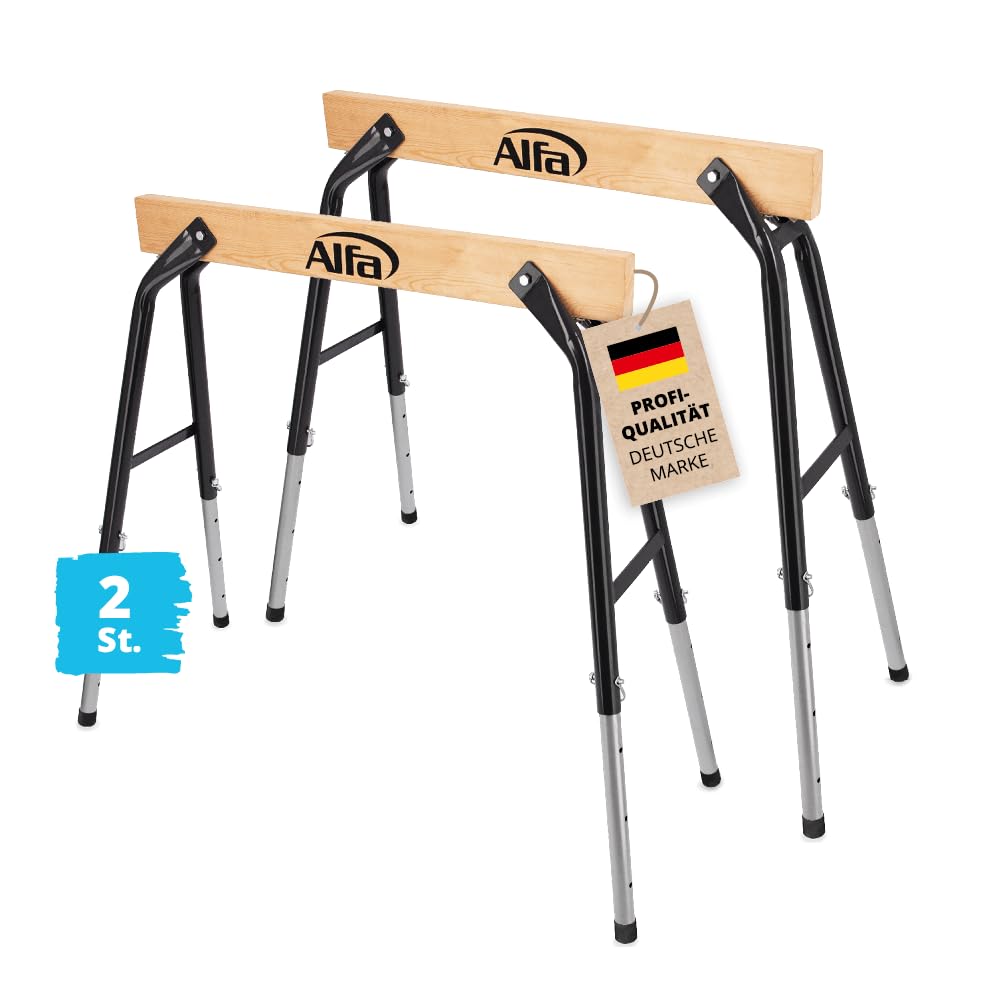 2x Alfa Arbeitsbock höhenverstellbar – belastbar bis 300 kg/Paar | Profi-Qualität – Aus robustem Stahl und Holz – zusammenklappbarer Gerüstbock