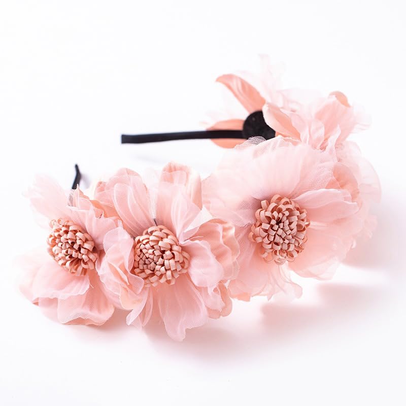 Bethynas Baby Girls Flower Cluster Headband Soft Lace Cloth Floral Head Wear for Wedding Party Cute Flower Hair Band for Toddlers Flower Girls (Pink) - Image 4