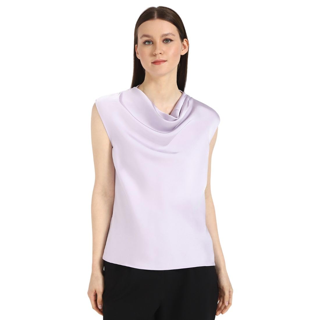 Calvin Klein Blusa de Mujer de satén con Cuello en Cascada, Flores de orquídea, Talla L, Flores De Orquídea, L