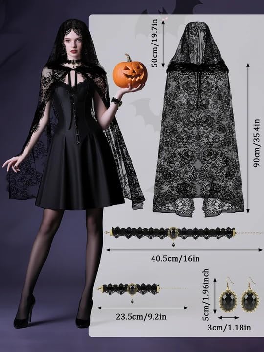 Halloween Witch Costumes, Witch Black Hooded Cloak for Women Gothic Choker Necklace Lace Bracelets Earrings Gothic Short Sheer Cape Vampire Cloak for Halloween Cosplay Costume - Image 4