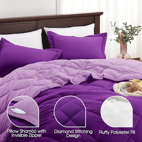 Edredón reversible King morado y fundas de almohada de microfibra para cama 5