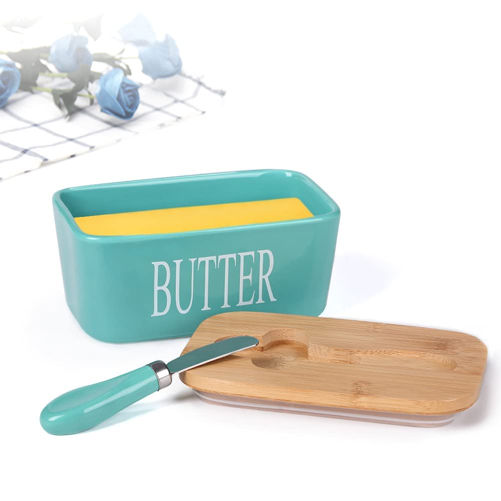 HEDRIX Ceramic Butter Dish Nordic Style Butter Box Butter Keeper Container Food Storage Candy Box Baking Dish with Wood Lid Knife for Kitchen, Light Green, Standard 3