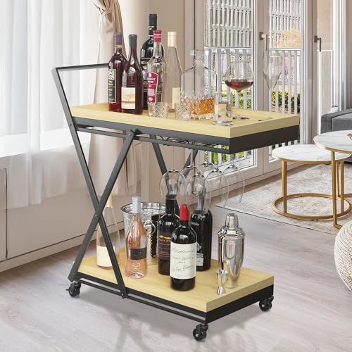 BARNDOOR HOMES Bar Cart for The Home with Wheels &ndash; Rolling Kitchen Coffee Service with Wooden...