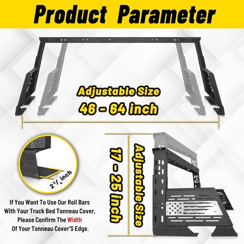 Image of MONOKING Adjustable Roll Bar Chase Rack for Mid Size Truck, Sport Bar Compatible with Tonneau Cover for 2007-2026 Tacoma Gladiator JT Ranger Colorado Canyon Frontier, DIY USA Flag MOLLE Panel Bed Rack