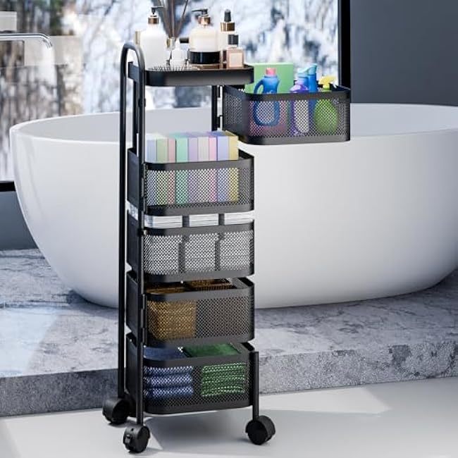 3/4/5 Tiers Kitchen Storage Cart,Rotating Trolley,Square Kitchen Trolley,Bathroom Shelf,Vegetable Storage Organizer,Fruit Basket Floor Stand Shelf & Tower for Living Room Office Four Layer-ttxaQ9X5
