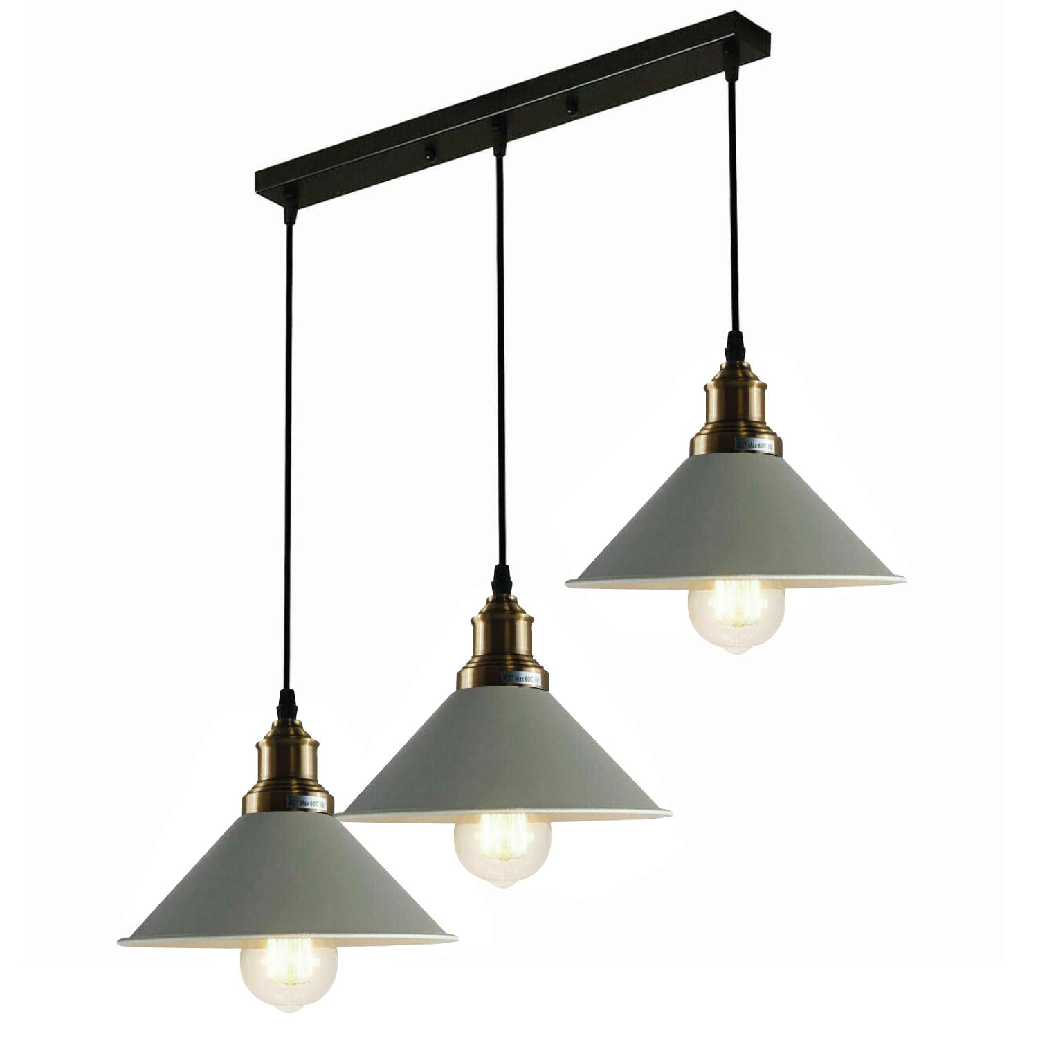 LEDSone Modern 3 Head Ceiling Pendant Light Metal Black Cone Lamp Shade E27 Base Light Fixture with Adjustable Cable for Kitchen Bed Room Living Room Restaurant (Grey(with Bulb))