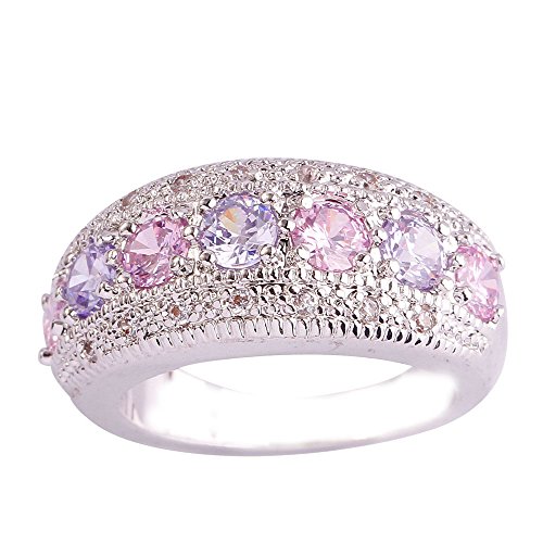 Empsoul Women 925 Sterling Silver Plated Round Filled Half Pink Topaz Eternity Wedding Band Ring Size 7