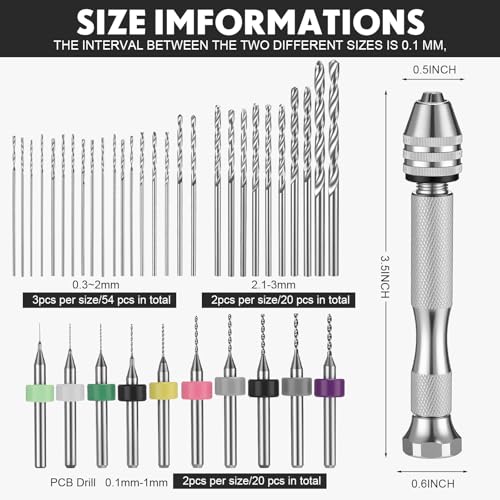 Image of Vinsot 95 Pieces Micro Hand Drill Bits, 1 Pin Vise and 94 Pieces Micro Twist and PCB Mini Drill Bits for DIY Wood Jewelry Resin Beads Polymer Clay Craft Model Making(Silver)
