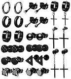 ONESING 15 Pairs Earrings for Men Black Stud Earrings Mens Earrings Stainless Steel Black Earrings for Men Women Jewelry Piercing Hoop Earrings Set