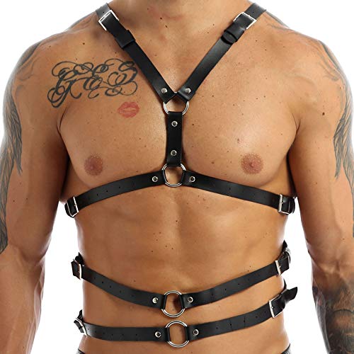 YiZYiF Men's Adjustable Leather Body Chest Harness Belt Clubwear with Fancy Buckles O-Ring Black One Size