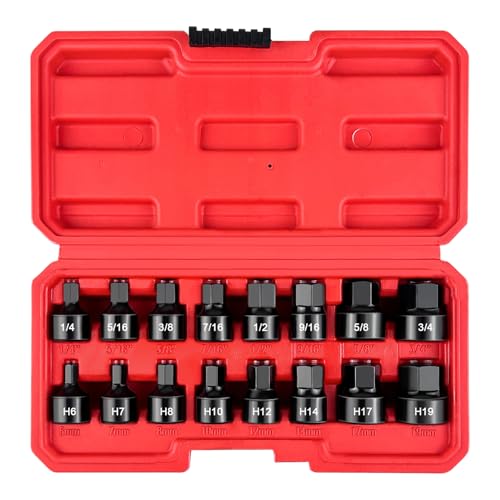 WETT 3/8-Inch Drive Low Profile Impact Hex Driver Set 16-Piece Stubby Hex Bit Socket Set CR-V Steel SAE/Metric (1/4 - 3/4 6-19mm)