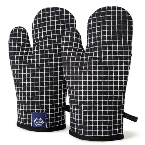 Image of Encasa XO Oven Gloves for Microwave (2 pc Set) - Heat Proof, Thick & Safe | Longer 18x30 cm Mittens for Protection in Kitchen Cooking & Baking - Butcher Checks Black