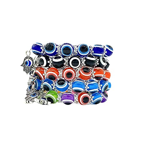 Pingyongchang 4pcs Evil Eye Hamsa Blue Beaded Charm Stretch Bracelet Hand of Fatima Turkish Lucky Evil Eye Bracelet for Protection and Blessing2