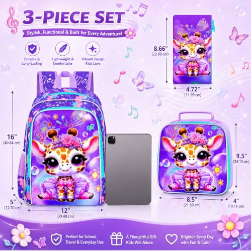 Image of CCJPX 3PCS Kids Backpack for Girls,16 inch Ballet Giraffe Preschool Backpacks with Lunch Bag, Cute Water Resistant Kindergarten School Bookbag for Elementary Kids Teen Travel