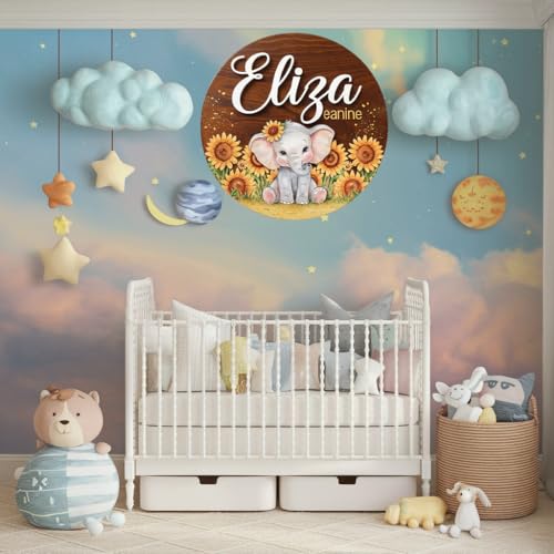 Personalized Name Signs for Kids Room, Sunflowers Elephant Sign for Baby Door Decor, Newborn Gifts for Girl, Girls Nursery Wall Bedroom Decorations, Mother's Day Gifts for New Mom Dad Gift