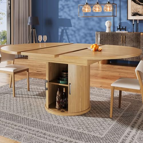 Sweiko Table à Manger Extensible Ronde en Bois de 118 à 158 cm, avec Porte coulissante, Table à rallonge avec rangements, Dining Table pour 6 Personnes