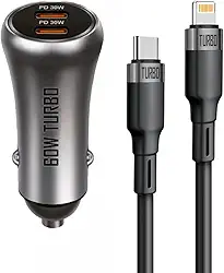 Casepro Carregador Veicular Turbo 60w Carro Com Cabo Para Iphone 11 12 13 14 Pro Max Ipad Air Preto