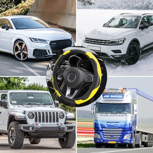 Image of Osilly Car Steering Wheel Cover, 15 inch Carbon Fiber Microfiber PU Leather Elastic Steering Wheel Protector for Men Women, Anti-Slip Breathable Car Interior Accessories for Most Cars (Yellow)