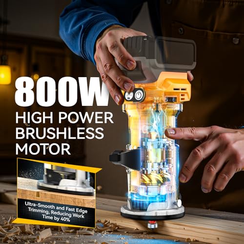 Cordless Compact Router Compatible with DeWalt 20V Battery, With 15Pcs Router Bits 6 Variable Speeds for Woodworking, 800W Fixed Base Wood Router With Trim Bits, Edge & Roller Guide