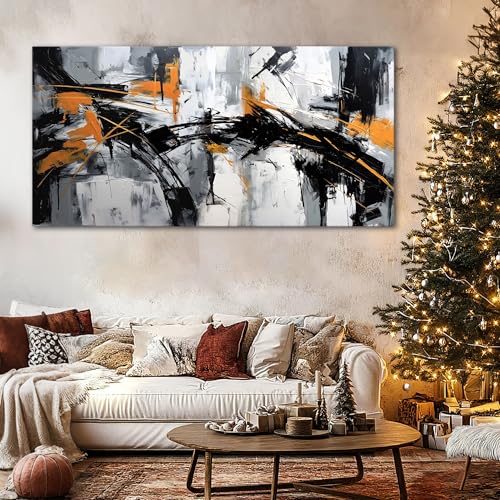 Large Abstract Canvas Wall Art Black and Orange Modern Wall Art for Living Room - Canvas Wall Decor for Office and Home - Framed Artwork for Walls Pictures for Bedroom Wall Decor 29×58IN