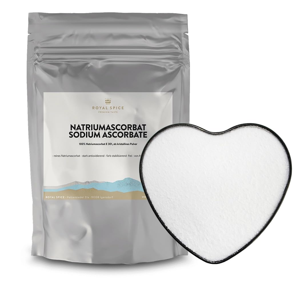 Royal Spice Ascorbato de sodio E301 250 g – Antioxidante puro y aditivo alimentario – Ascorbato de sodio en polvo para salchichas, salazón seco – Vegano y sin aditivos