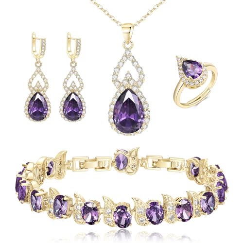 Clearine Parure Bijoux Mariage en Argent Goutte d'eau Zircone Cubique Collier Boucles d'oreilles Bracelet et ouvert Anneau Réglable 4PCS Ensemble pour Femme...