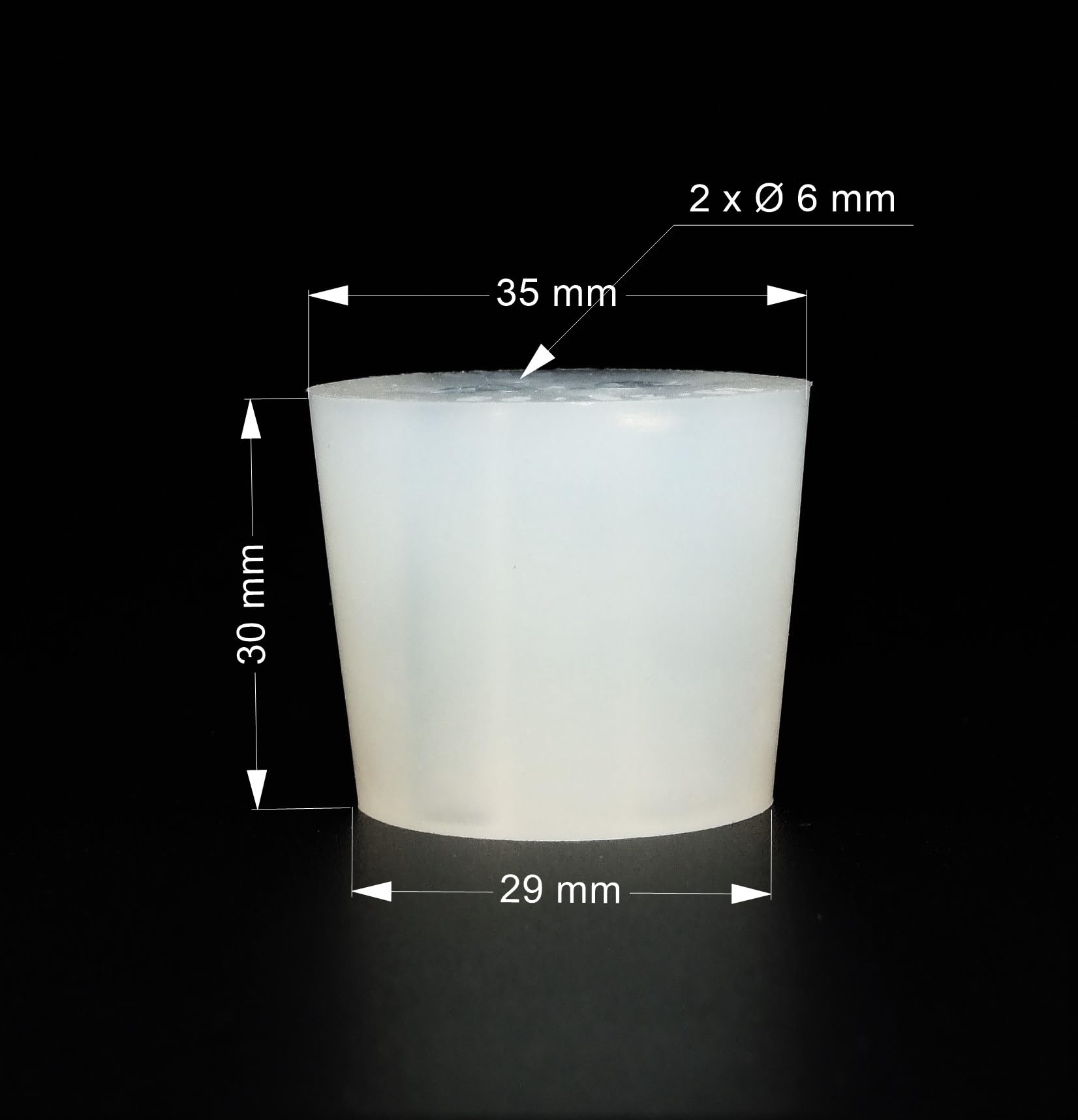 Bouchon en Silicone avec Trous (Lot de 5) - Bouchon de Laboratoire | Bouchon Conique (35/29mm - h:30mm + 2 trous Ø 6mm)