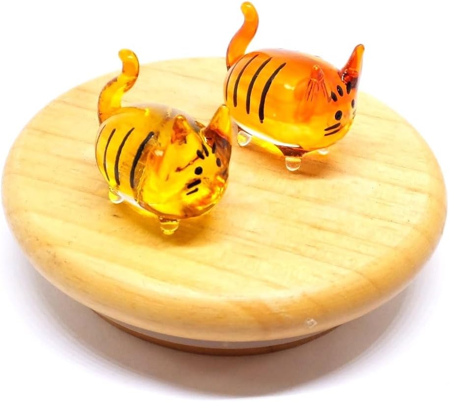 (Bundle of 2) Handmade Mini 2" Cat Figurine Blown Glass Art Chopstick Rest Dinner Decoration, Miniature Pet Animals, Home or Table Decor Gift Ideas (Yellow and Orange No.5)